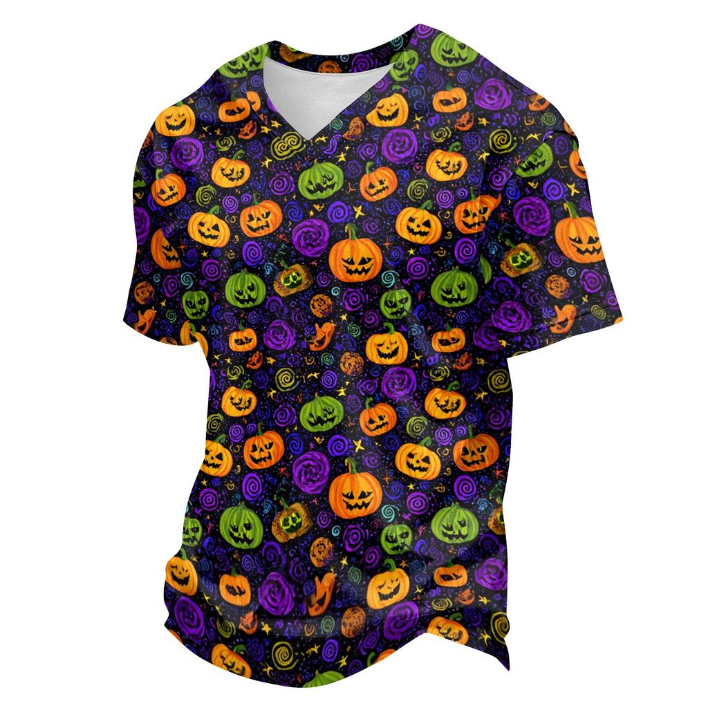 Men's Casual Lightweight Breathable Short Sleeve V Neck Shirt Halloween Print Handprint Pattern Comfortable Fit