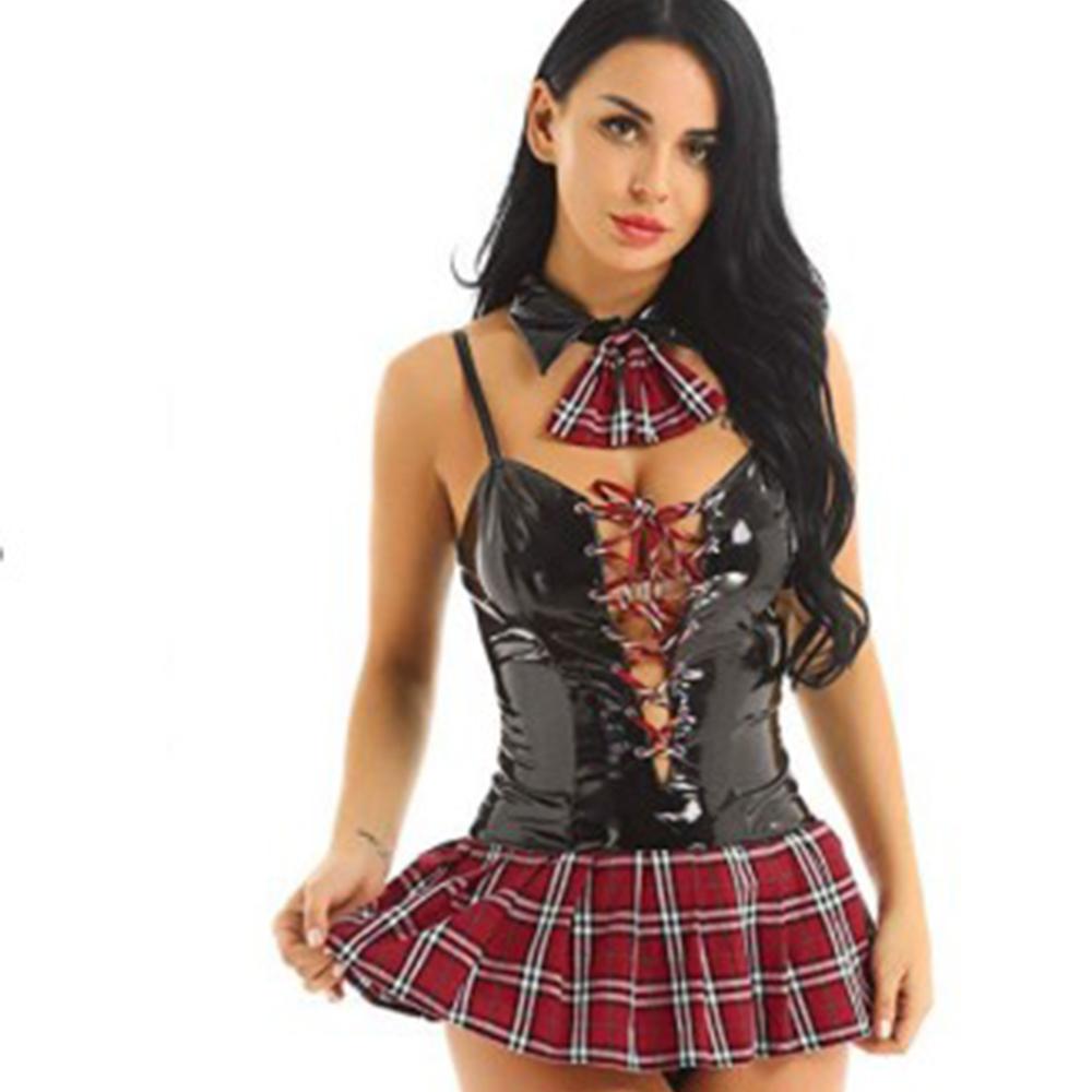 3pcs/set Women's Fashion Sexy Leather Bodysuit Zipper Lingerie Set with Plaid Skirt