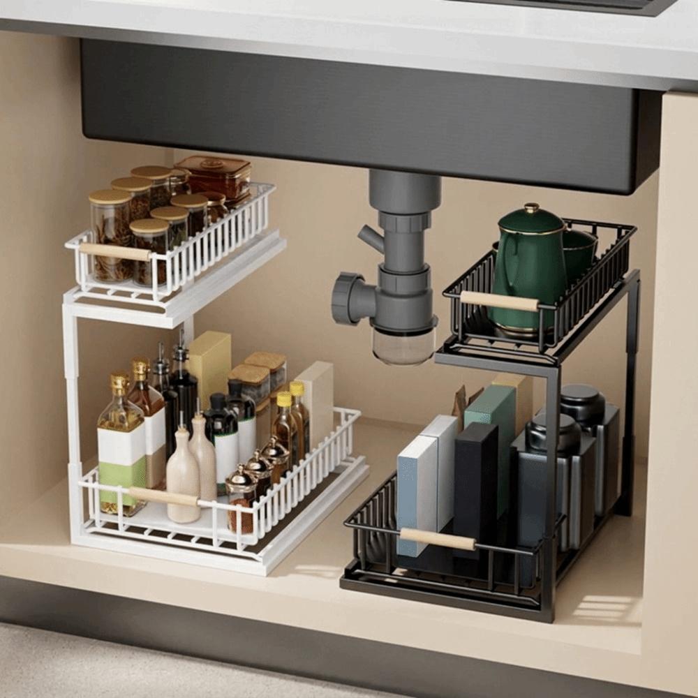 Rustproof 2-Tier Under Sink Organizer Carbon Steel Slide Out Cabinet Storage Shelf  for Kitchen