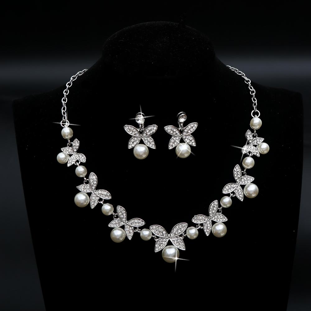 

3pcs Soft Romantic Butterfly Imitation Pearl Inlaid Alloy Bridal Necklace Earrings Sweet Wedding Party Formal Wear Jewelry Set 50cm