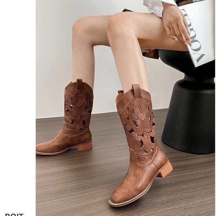 Women's Martin Boots V Desert Boots Boots Breathable New Thick Heel Cowboy Boots Western Mouth 2025 Hollow Embroidery