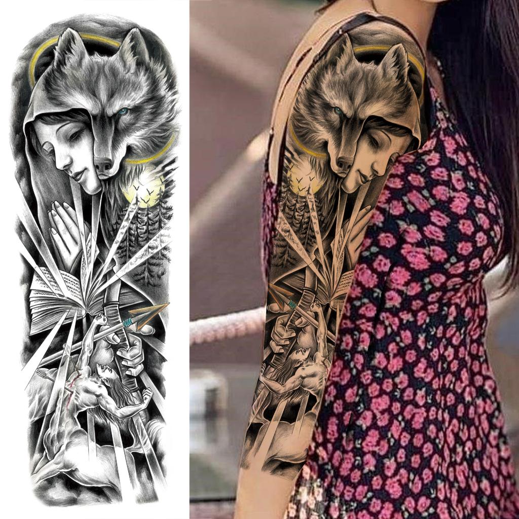 1 Sheet Long Sleeve Temporary Tattoos For Men Women Flower Skull Lion Wolf Tiger Nun Fox Compass Tattoo Sticker Body Art Arm Leg