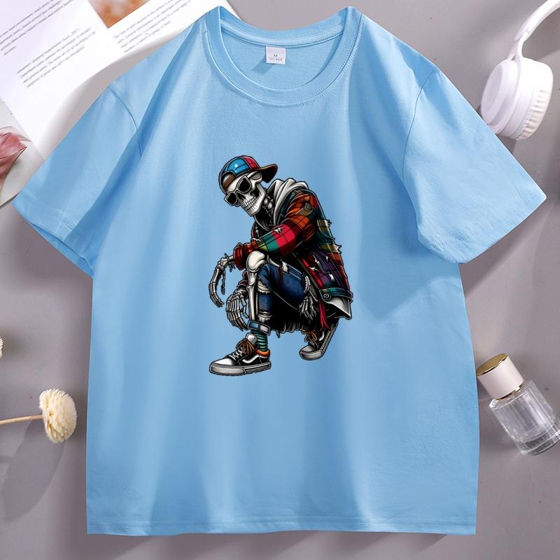 Unisexs Cotton Short Sleeve Skull Graphic Tee Casual Round Neck Short Sleeve Tshirt Cotton Printed Streetwear Male Clothing Tops