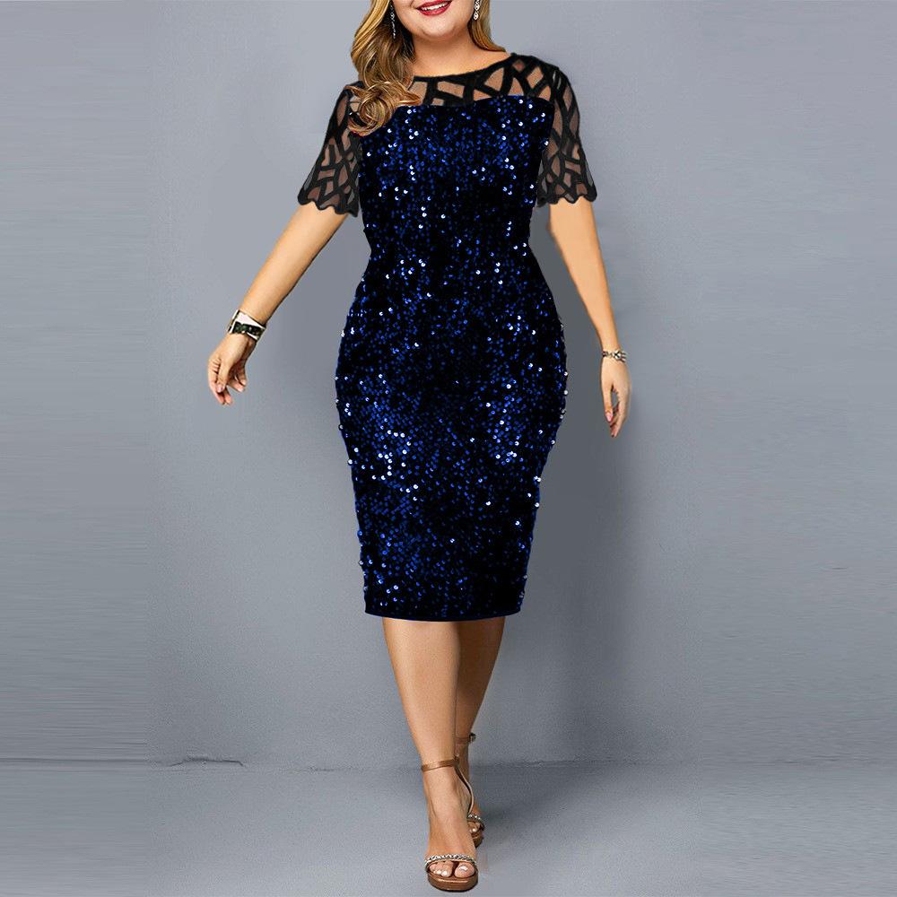 Spring and Autumn Sequined Plus Size Women's Dress 3 Colors Size 7 Short Sleeve Sequined Dress