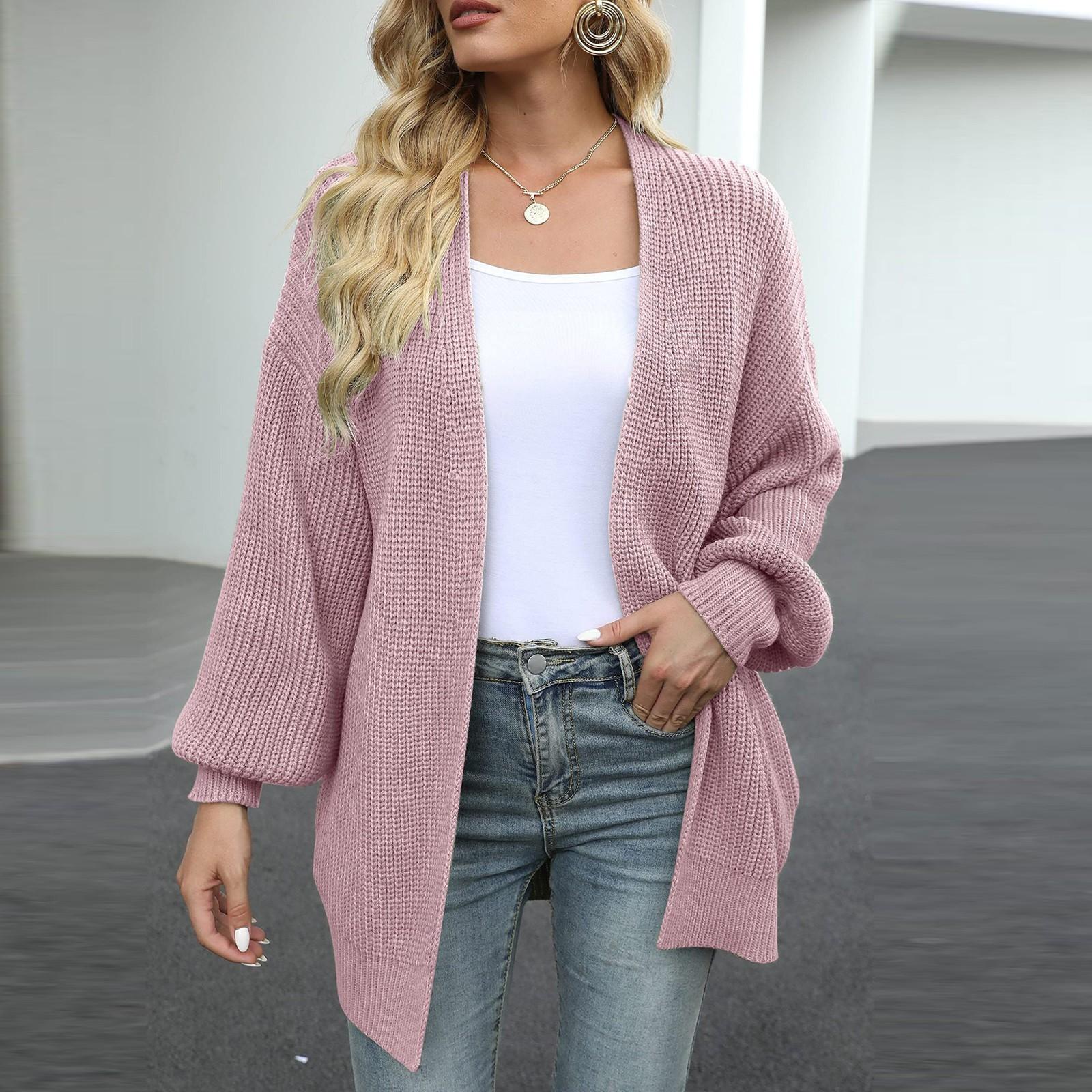 

Женский однотонный свитер из грубой шерсти с карманами и рукавами, вязаный кардиган для женщин XL розовый