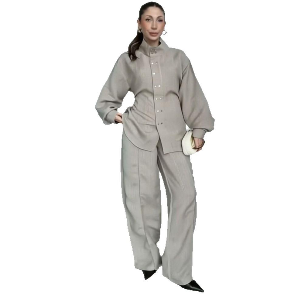 Cross-border European and American women's clothing Amazon stand-up collar casual button lantern sleeve top fashion wide-leg pants