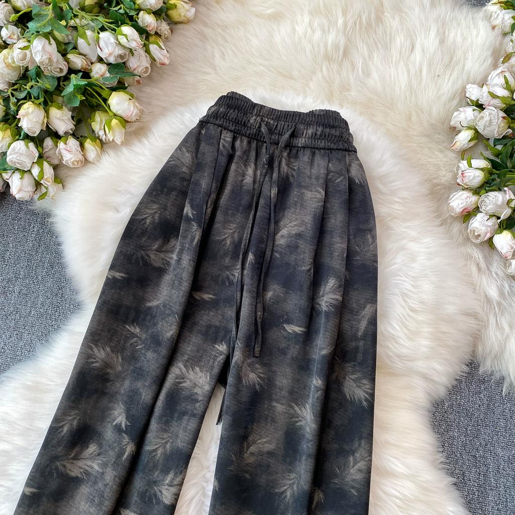 High Quality Ink-wash Acetate Satin Tie-Dye Rayon Wide-Leg Pants for Women Summer High-Waisted Slimming Loose-Fit Trousers