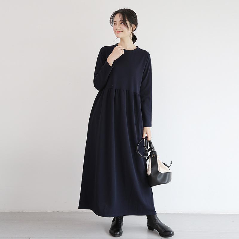 Korean Style Slim-Fit High Waist Round Neck Long Sleeve Midi Dress for Fall/Winter