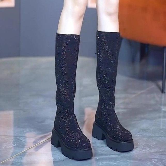2025 autumn and winter new European and American style fashion zipper boots full of diamonds thick heel thin but knee fashion boots
