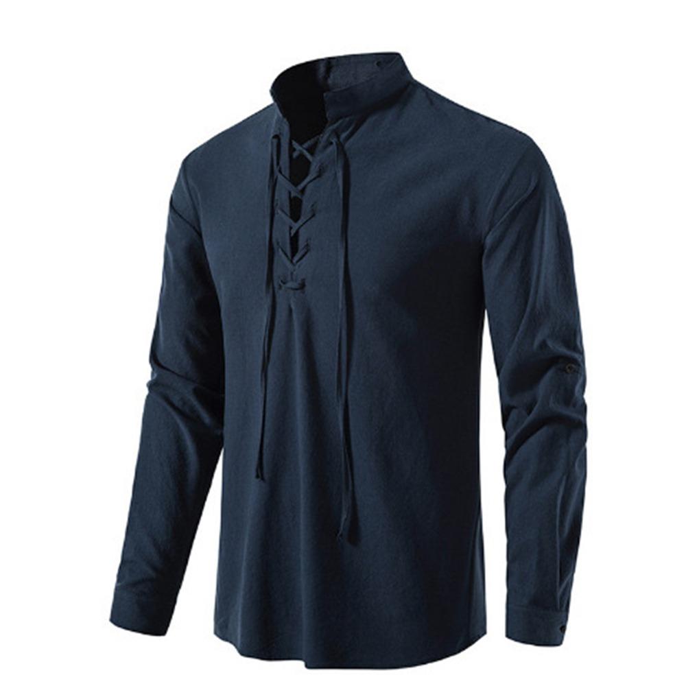 Pánské plátěné košile s dlouhým rukávem, šněrování, výstřih do V Ležérní halenka Jaro Léto Tenká přední Trička Topy Prodyšné Muži Oblečení