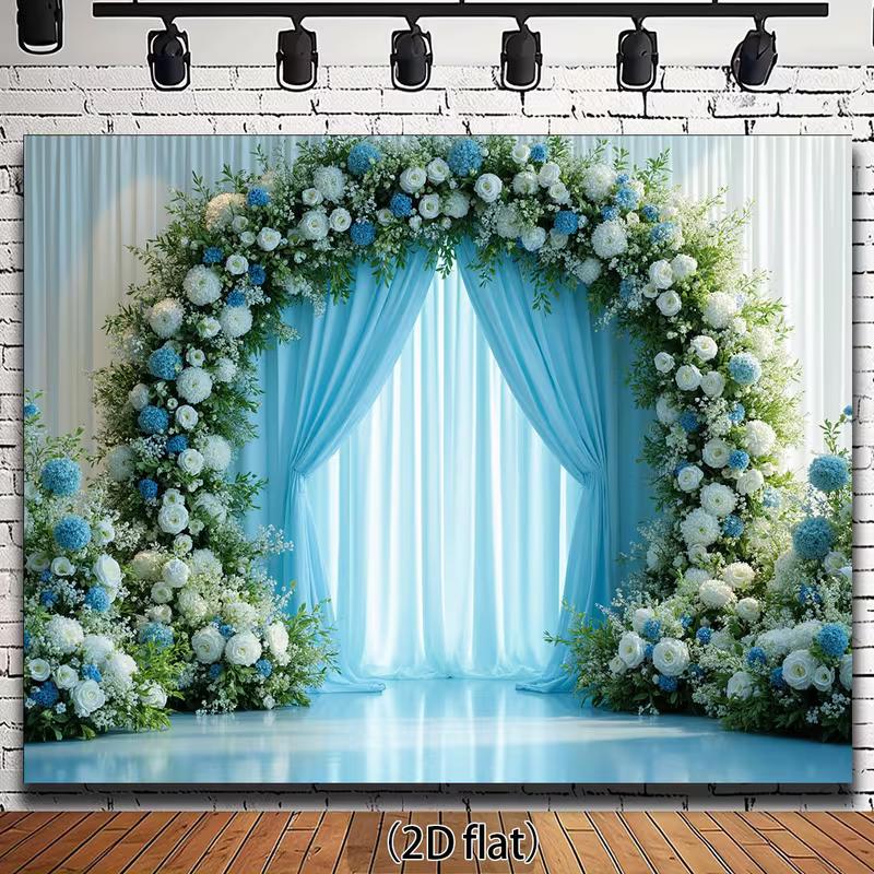2D Light Blue Wedding Backdrop Floral Arch Ceremony Photography Background