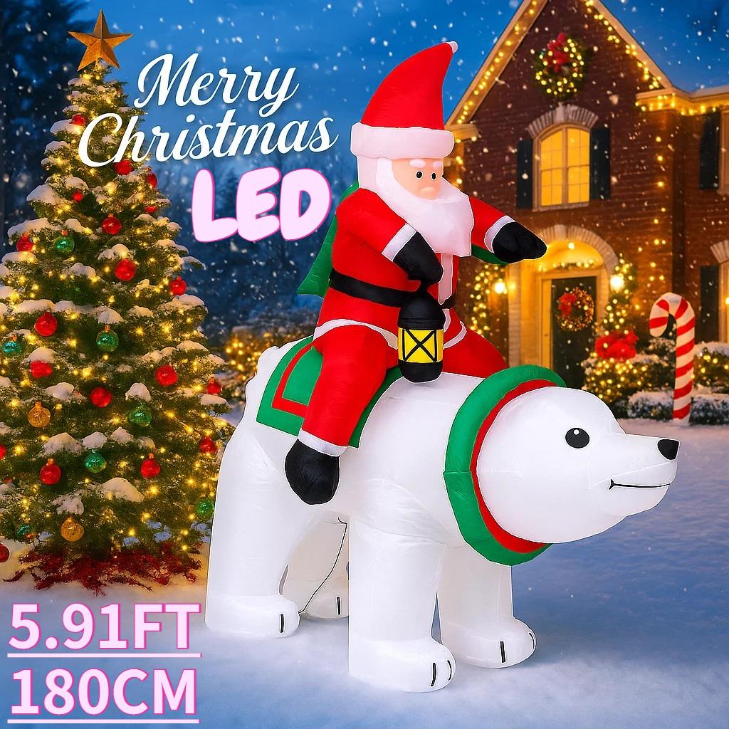 

5.91FT Christmas Inflatable Toys Xmas Yard Lawn Decoration Santa Claus Ride Polar Bear Home Supplies Ornaments Gift with LED Lit EU
