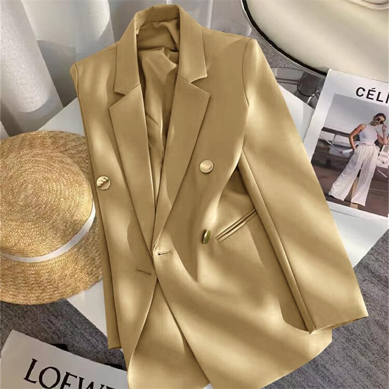 Women Long Sleeve Blazer Jacket Lapel Double Breasted Gold Button Loose Fit Office Casual Suit Outerwear Coat