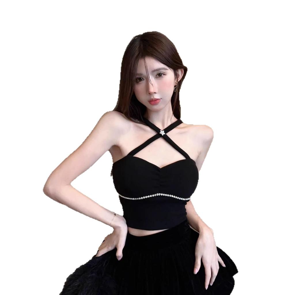 Pure Desire One-word Shoulder Neck Sling Vest Women's Summer Unique Diamond-encrusted Sleeveless Design Sexy Inner Top