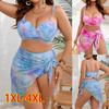 Biquíni Tie Dye Plus Size Conjunto de 3 Peças Feminino Top de Biquíni Push Up com Bojo Rígido Saia Envelope Saída de Praia Roupa de Banho para Curvas Cintura Alta