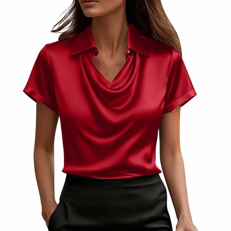 Damen Satin Schalkragen Bluse Kurzarm mit Kragen Lässig Elegant Täglich Büro Arbeitskleidung Basic Oberteil