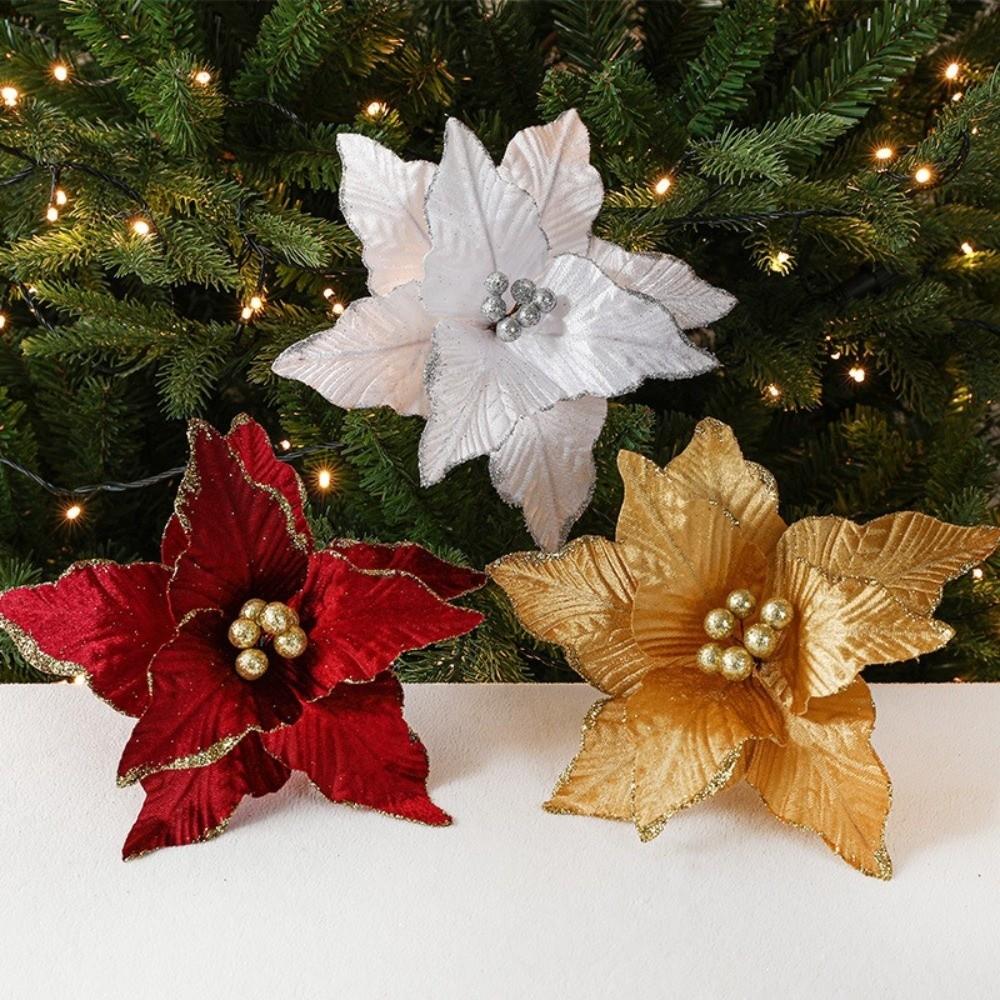 Large Poinsettia Glitter Flower 26cm Xmas Tree Decorations New Fake Flowers Christmas Decoration