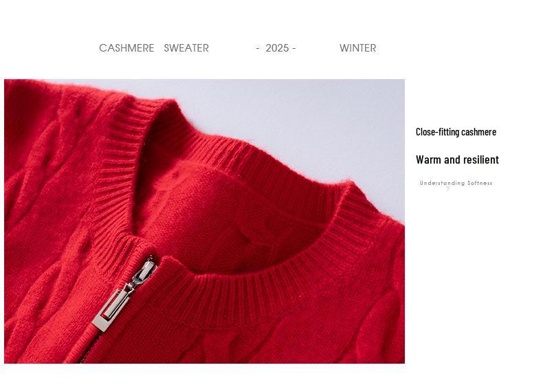 Women's Thick Cable Knit Cashmere Cardigan - Round Neck Zipper Sweater for Autumn/Winter