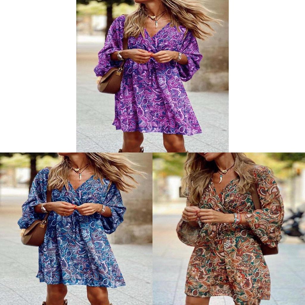 Summer Floral Print Polyester A Line Dress With V Neck And Mid Waist For Casual Wear