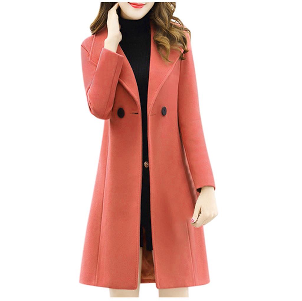 Women Work Solid Vintage Winter  Long Sleeve Button Woolen Jacket Coat