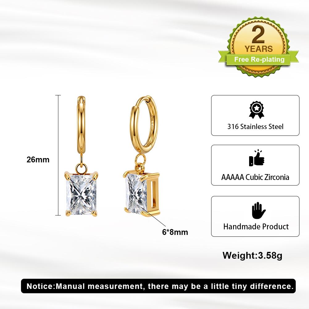 HTKE09 316L Stainless Steel Rectangle Cubic Zirconia Dangle Huggie Earring Hypoallergenic Radiant Cut CZ Drop Earrings for Women
