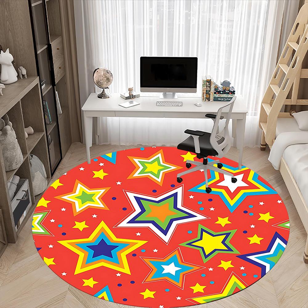 1pc Colorful Stars Pattern Chair Carpet for Office, Round Polyester Mat, Indoor Decor for Office, Easycare Fabric, Washable Non-slip Area Carpet