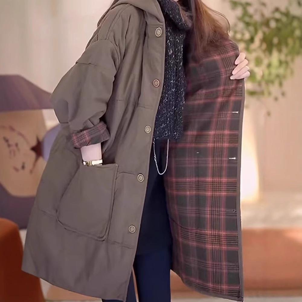 Stylish Women's 2024 Winter Hooded Quilted Cotton Coat – Mid-Length, Thickened, Warm, and Loose-Fitting.