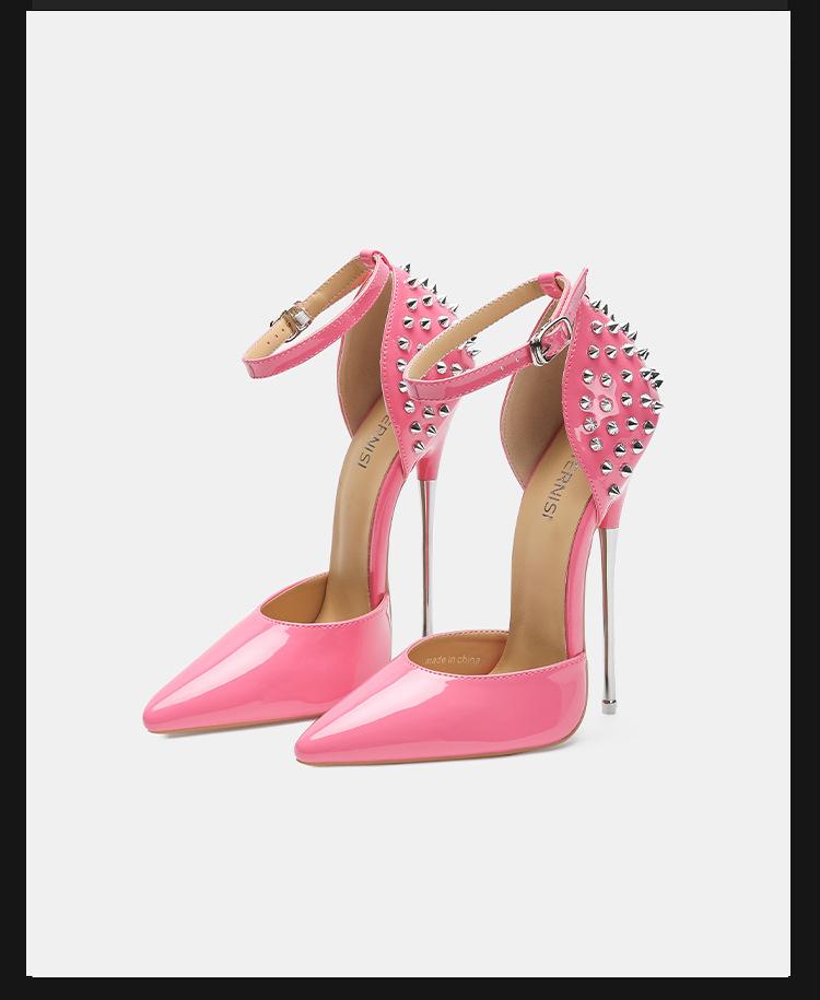 

Женские 16-сантиметровые туфли-босоножки на высоком каблуке из лакированной кожи с острым носком и заклепками, с ремешком на щиколотке, размеры 35-46 46