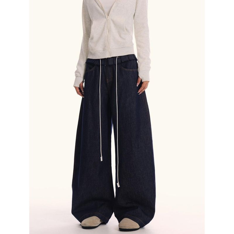 0123Start Waist-Stitched Flared Hem Jeans Unisex Loose American Retro Baggy Scimitar Pants Trendy