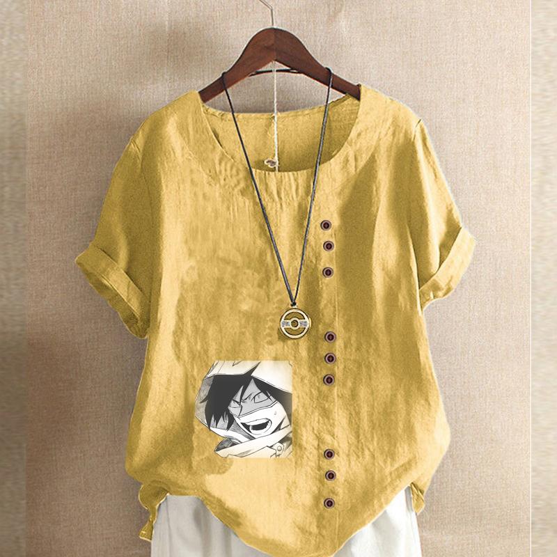 Women's Fashion Handsome Pattern Prined Short Sleeve T-shirt Loose Cotton Shirt Casual Loose Summer Blouse Tops Plus Size