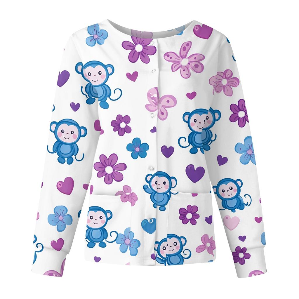 Damen Casual Mode Langarm Stehkragen Einreiher Niedlich Tierisch Bedruckt Arbeitsjacke Oberteile