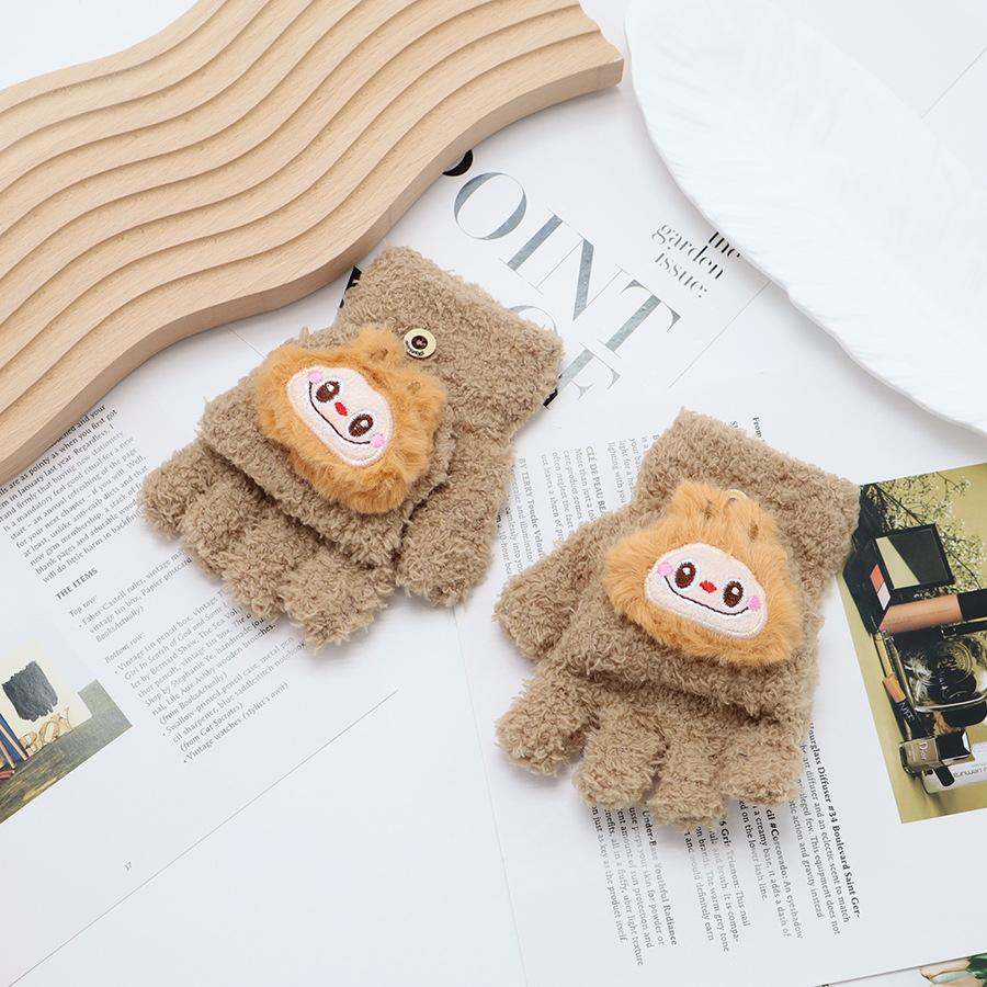 

Плюшевые детские перчатки с откидным верхом, милые женские вязаные перчатки с открытыми пальцами из кораллового бархата с мультяшным рисунком, детские перчатки One size