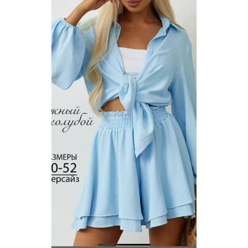 Damen Knopfleiste Puff Langarm Hemd Gerüscht Schicht-Shorts Lässiges 2-teiliges Outfit Set