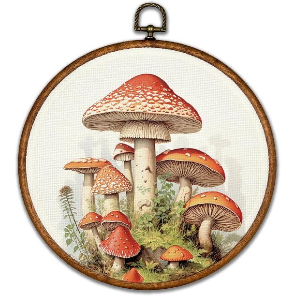BCUANGD Vintage Mushroom Round Wall Art Decor - Retro Boho Botanical Wall Art Canvas Frame Artwork Prints, Neutral Cottagecore Round Wall Hanging
