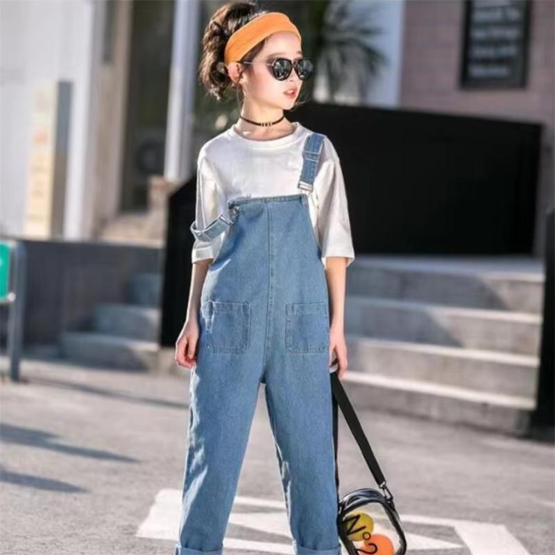 Spring Autumn Fashionable Kids Denim Overalls Modern Styles High Waisted Pants Jean Children Loose Casual Denim Overalls