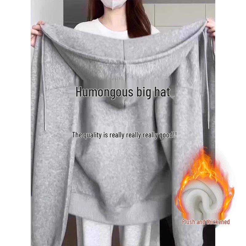 Damen Koreanischer Lazy Style Schweres Fleecegefüttertes Kapuzen-Sweatshirt Cardigan für Frühherbst 2025