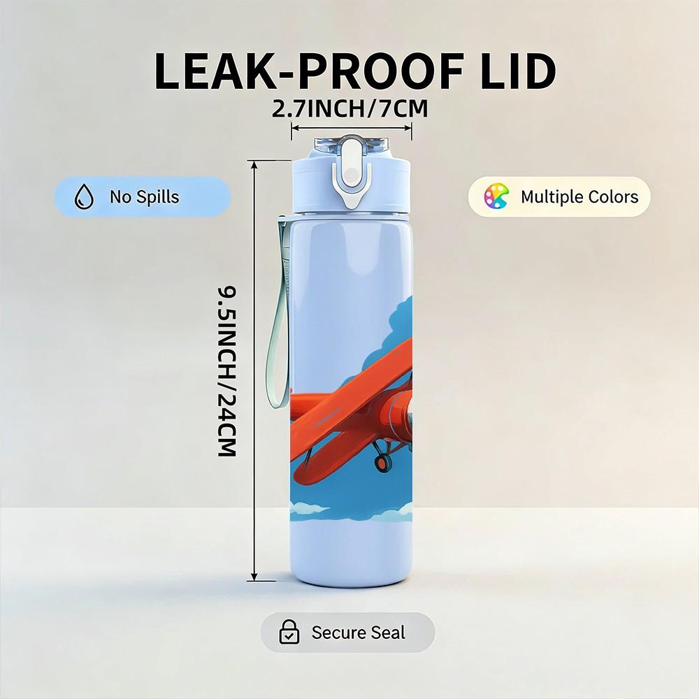 1PC Red Airplane Blue Sky Scene 750ml Color Plastic Sports Water Bottle Leakproof Flip Straw Lid For Sports Office Home Use