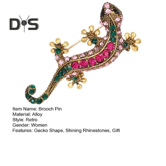 Retro Lizard Gecko Shape Brooch Shining Rhinestones Inlaid Pin Faux Silk Shawl Buckle Dress Badge Outfit Accessories