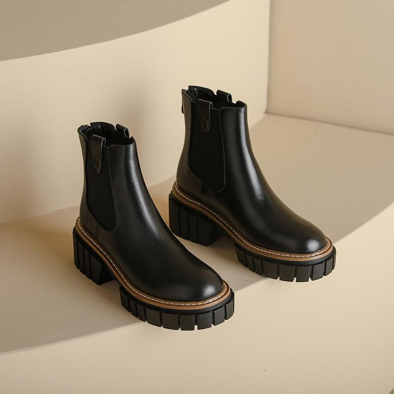 2024 Zimní Teplé Dámské Kotníkové Boty Stručné Pravá Kůže Vlna Silné Podpatky Zadní Zip Boty Žena Pracovní Ležérní Sněhule