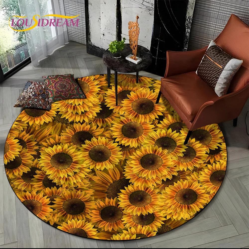 Covor rotund 3D Lux Floarea Soarelui Trandafir Nordic Margaretă pentru Decor Sofă Living Dormitor, Covor Zonă Copii Covoraș de Podea Antiderapant Cadou