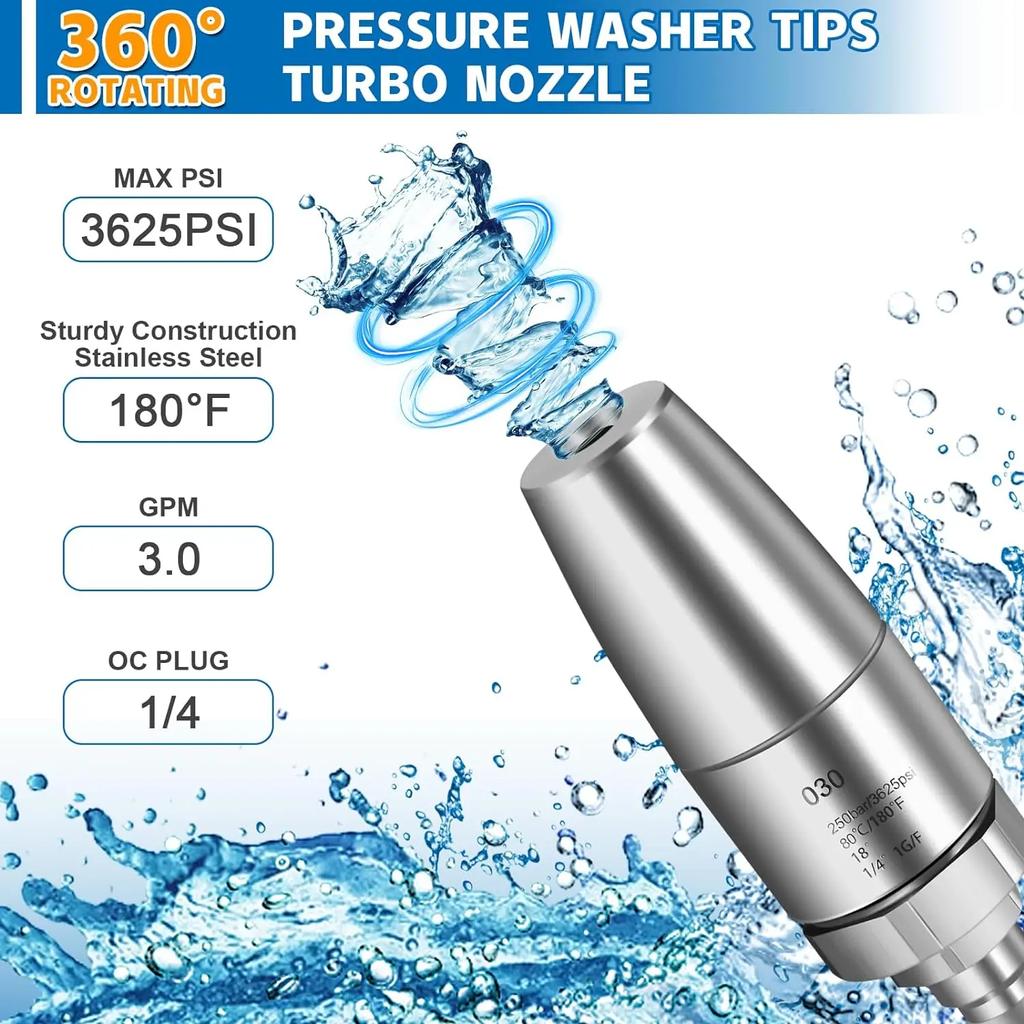 Mit 1/4 Schnellanschluss Edelstahl 3625 PSI Turbodüse für Hochdruckreiniger rotierend für Heiß- und Kaltwasser