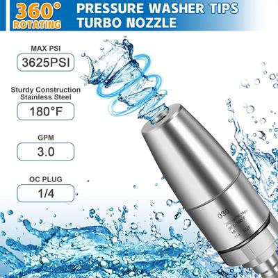 Con Conexión Rápida de 1/4 Acero Inoxidable 3625 PSI Boquilla Turbo para Hidrolimpiadora Giratoria para Agua Caliente y Fría