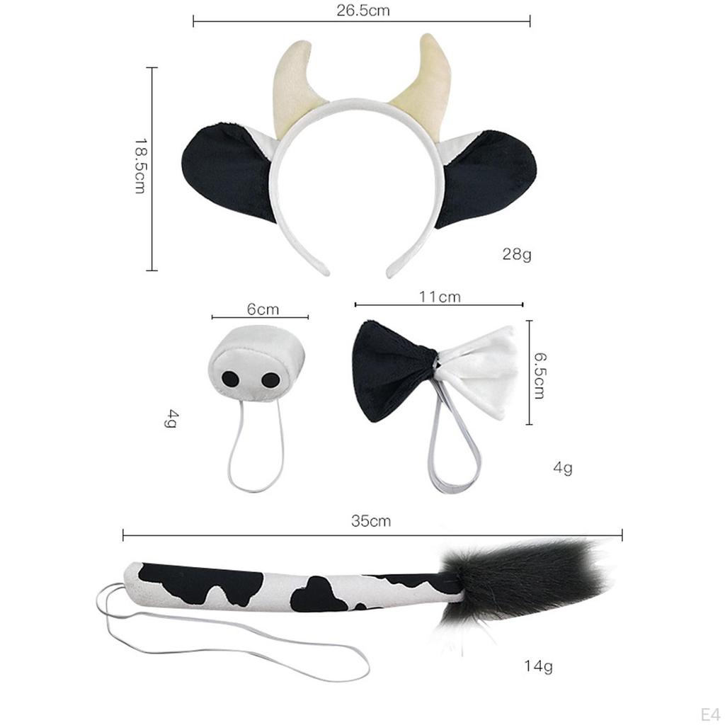 4 Animal Cow Costume Set Headband Nose Bow Tie Tail Hairband Headwear Elastic for Halloween