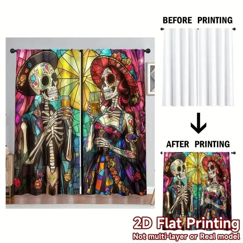 Halloween Colored Glass Curtains Skull Heart Pattern Prints Window Decorations Home Room Made Of Polyester