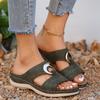 New large-size women's shoes casual one-pedal sewing line metal buckle cool slippers wedge heel thick-soled hollow slippers