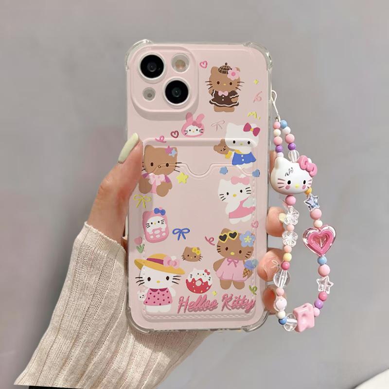 3D Bow Hello Kitty Bracelet Case For Iphone 13 12 11 Pro Max XR X XS Max 6 6S 7 8 Plus 13 Mini 17 Pro Max 5G Card Holder Cover