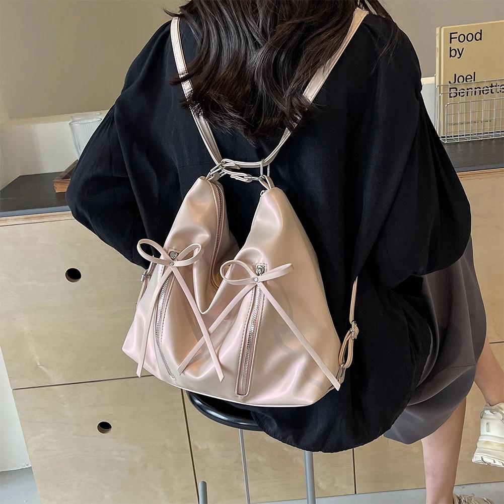 Cute Bow Underarm Bag PU Leather Designer Tote Bag Solid Color Casual Daypack with Zipper Satchel Purse for Women