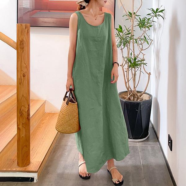 European and American summer new long version suspender simple wind loose pocket round neck temperament sleeveless dress foreign trade wholesale