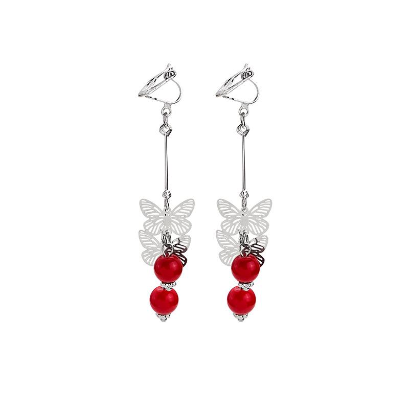 Korean Goddess Butterfly Tassel Clip-On Earrings with Red Pearls