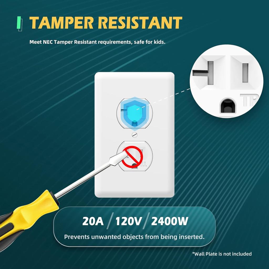 TOPELER Duplex Wall Receptacle Outlets, 20A Tamper-Resistant Electrical Receptacle, 2 Pole 3 Wire, Self-Grounding, Residential Grade Wall Power